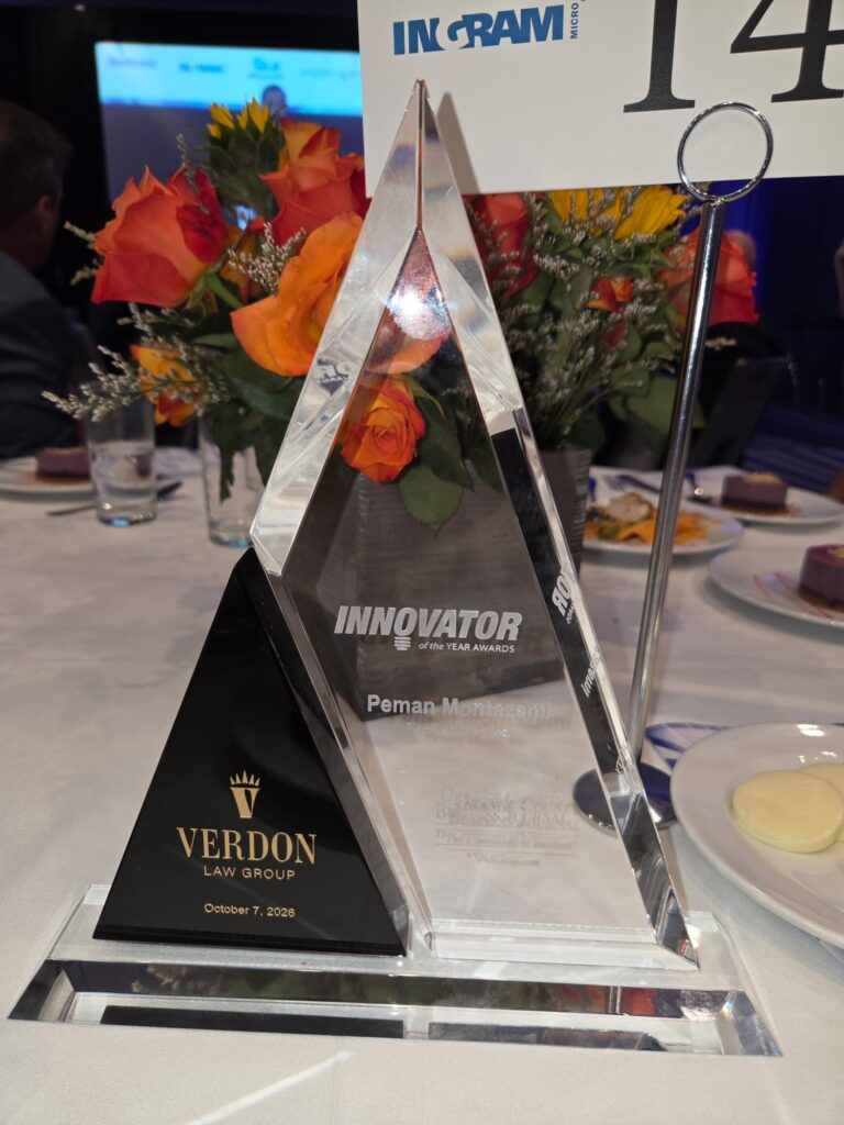 Finally Quiet OCBJ Innovator of the Year Award trophy presented to Peman Montazemi on October 7, 2026