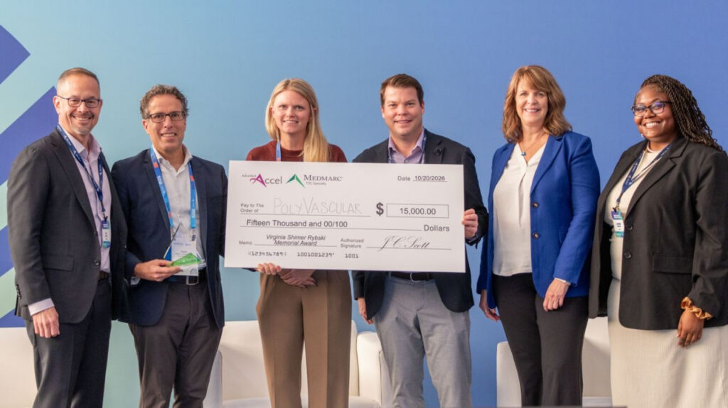 PolyVascular accepts the 2026 AdvaMed Accel Virginia Shimer Rybski Memorial Award and $15,000 check at The MedTech Conference in Boston