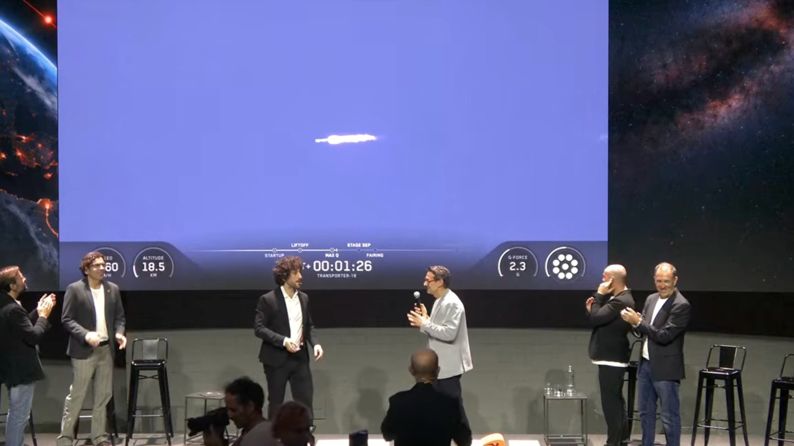 Sateliot team on stage watching the live SpaceX Transporter-18 launch carrying its five Draconis satellites